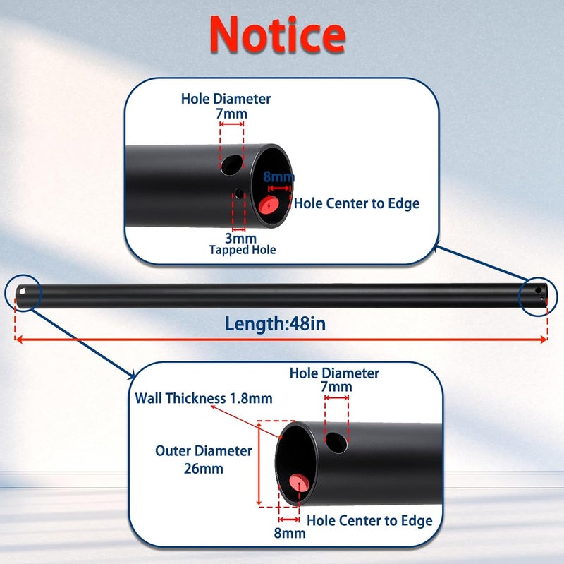 Feylan 48 Inch Ceiling Fan Downrod with UL Wires, Matte Black, 1-Inch Diameter, Unthreaded - Image 1